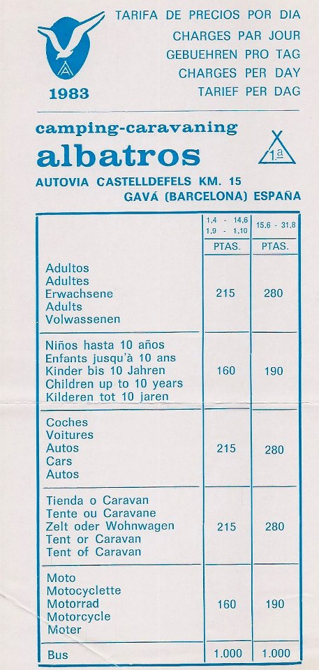 Tarifas del ao 1983 del Camping Albatros de Gav Mar